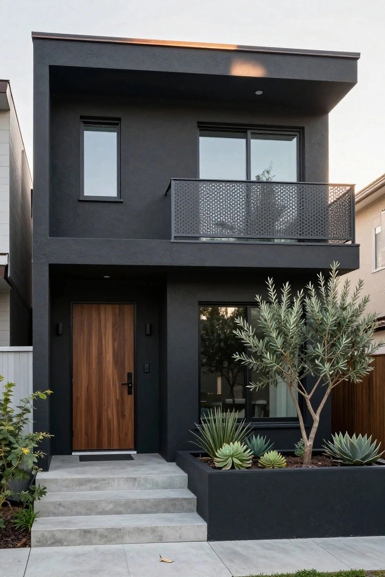 Two-story modern house with matte dark gray exterior walls, wooden front door, metal mesh balcony, large windows, concrete steps, and succulents plus an olive tree in a front planter.