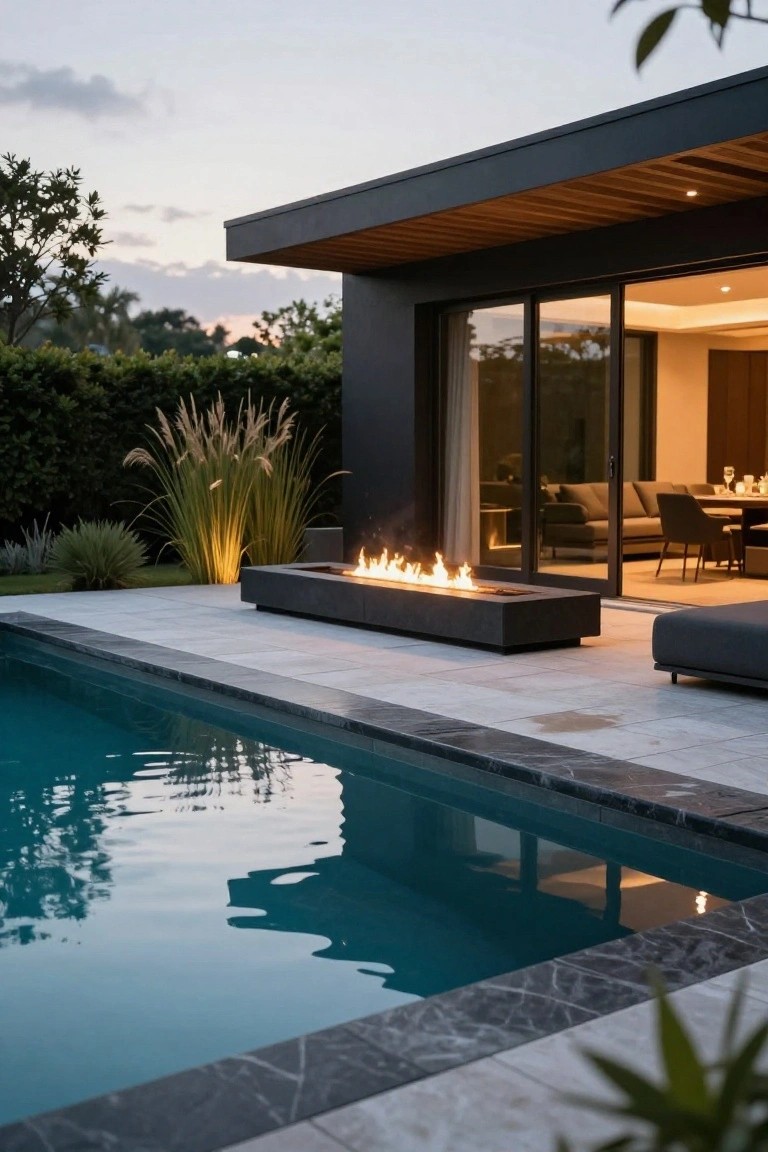 Long dark stone linear gas fire pit along the edge of a turquoise pool, next to a modern house with black walls, glass doors, gray sofa, potted plants, tall grasses, and tropical landscaping at dusk.