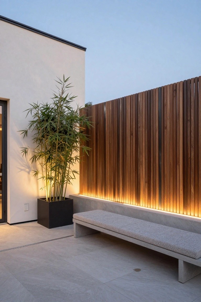 Outdoor terrace at dusk with white modern house wall, glass door, tall bamboo in black pot, backlit vertical wooden slat fence, concrete bench with gray cushion, and light gray tiled floor.