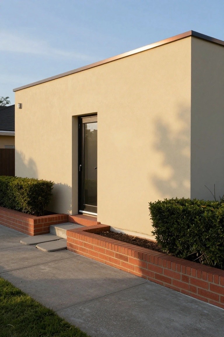 Beige stucco house exterior with copper roof edge, black front door, raised brick planters filled with boxwood shrubs flanking concrete entry steps, and adjacent sidewalk and grass.