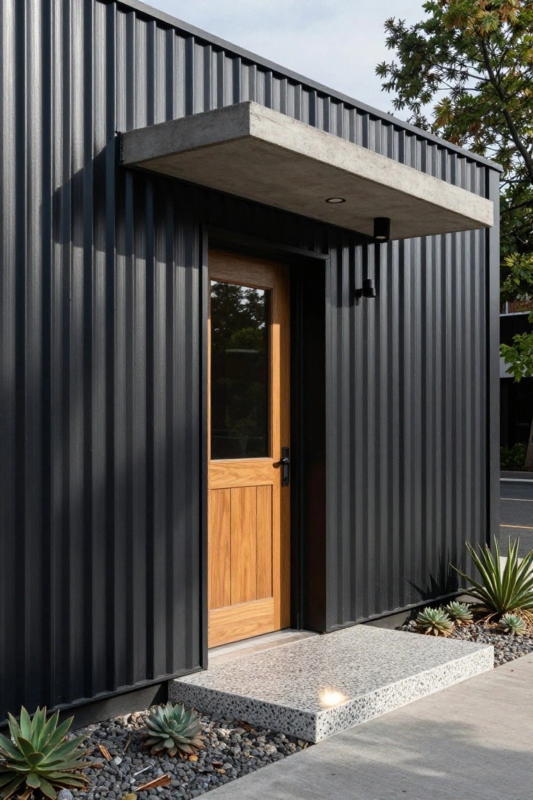 Side view of a small modern building clad in dark corrugated metal panels with a timber entry door under a concrete awning, concrete steps, and agave plants in gravel beds.