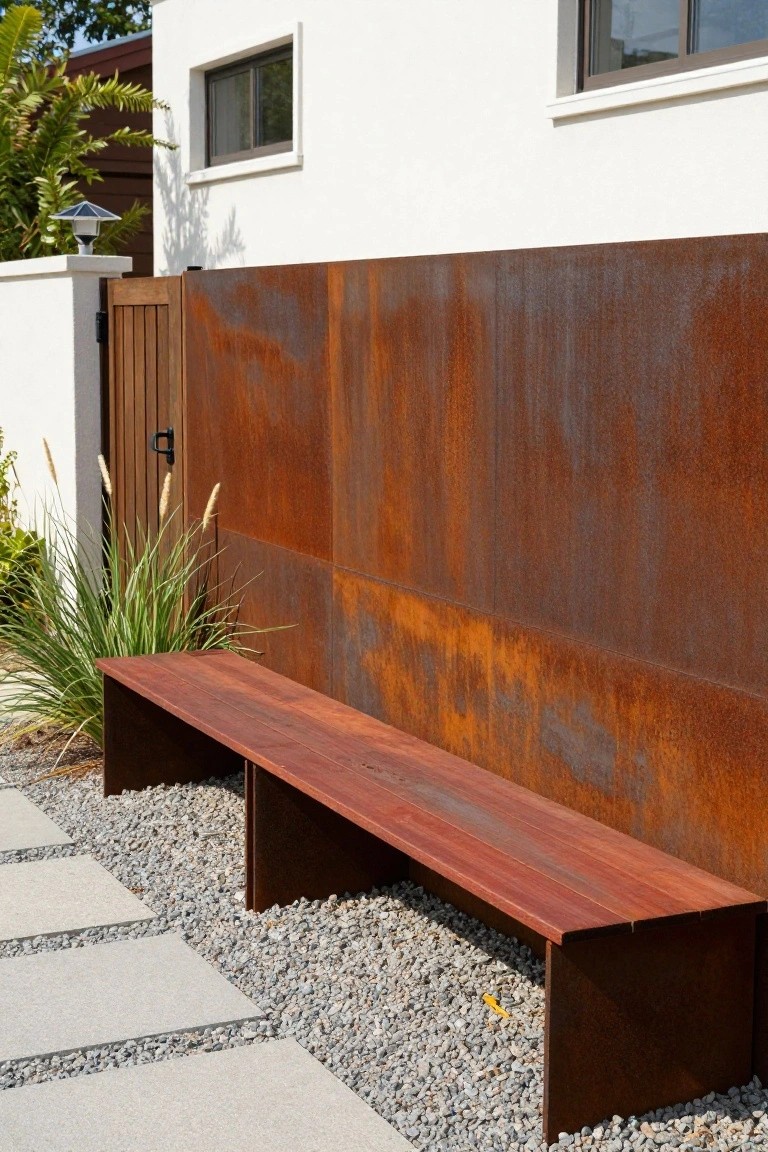 Wooden bench with matching steel legs positioned against a large corten steel wall panel beside a white stucco house exterior, surrounded by gravel, pavers, and ornamental grasses.