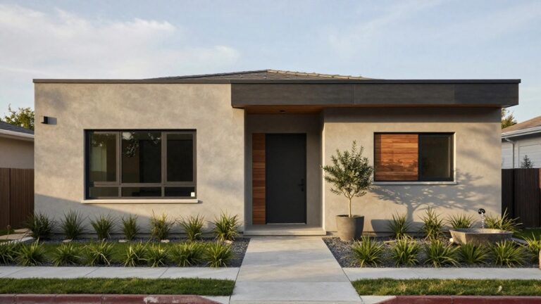 Modern house exterior featuring light beige stucco walls, a wooden slat garage door, black-framed glass front door and windows, a potted olive tree, gravel accents, and small succulent plantings along a concrete driveway.