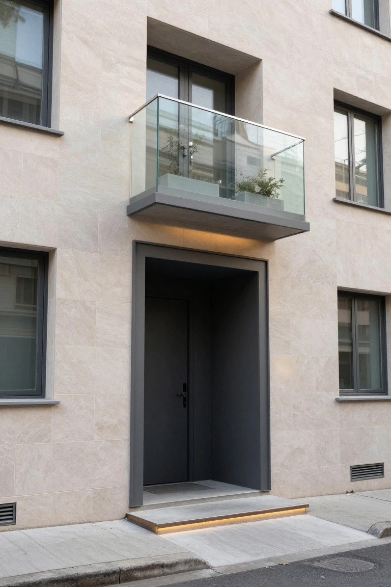 Multi-story modern building exterior with light beige stone panel cladding, dark gray metal window and door frames, a cantilevered balcony with glass railing and plants, and LED-lit entry steps on a concrete sidewalk.