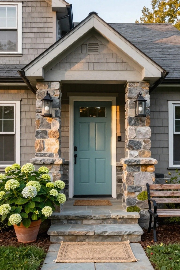 Front entrance of a gray shingle house with stone pillars, teal wood door, lantern lights, potted white hydrangeas, wooden bench, and stone steps.