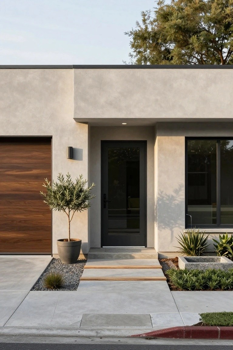 Modern house exterior featuring light beige stucco walls, a wooden slat garage door, black-framed glass front door and windows, a potted olive tree, gravel accents, and small succulent plantings along a concrete driveway.