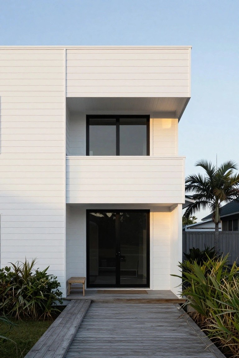 Modern white house exterior with vertical board cladding, black-framed sliding glass doors and upper window, wooden pathway to entrance, flanked by green plants and a palm tree.