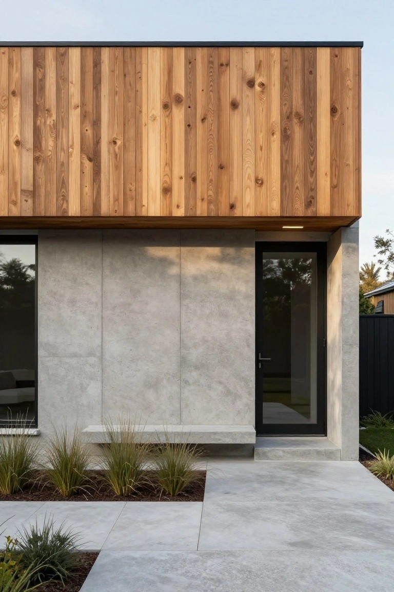 Modern house exterior with vertical timber batten cladding on the upper facade, smooth concrete walls below, large glass window and entry door, concrete pavers, and clumps of ornamental grasses at the base.
