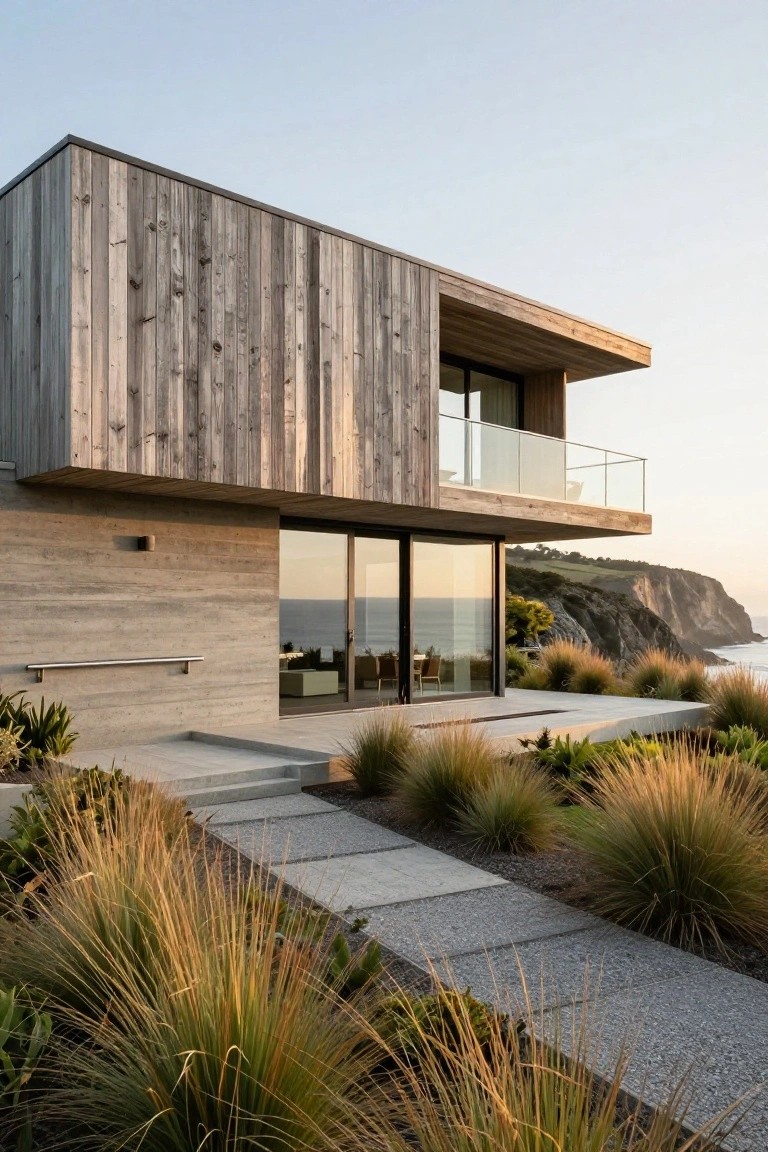Modern two-story house exterior featuring vertical weathered wood cladding on the upper volume, concrete base with large sliding glass doors overlooking the ocean, glass balcony, and a stone path edged with native grasses on a coastal cliff.