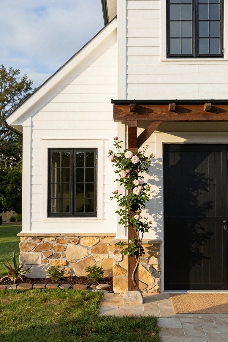 White board-and-batten sided house exterior with black-framed grid windows, black garage door, wooden support post wrapped in pink climbing roses, stone foundation, agave plants, and a stone pathway.
