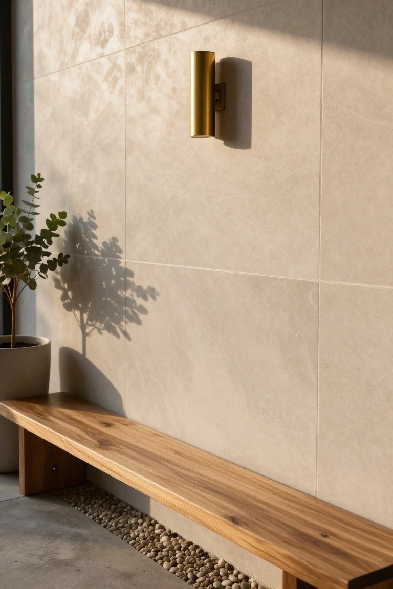Wooden bench against a beige textured tiled wall with a gold cylindrical wall light, potted eucalyptus plant casting leaf shadows on the wall, and scattered pebbles on concrete floor beneath the bench.
