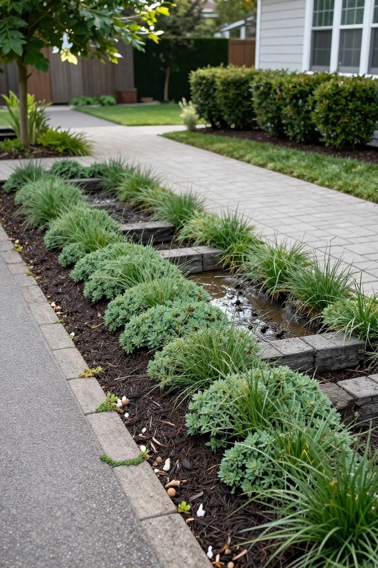 Front yard landscaping featuring a narrow concrete-lined water channel parallel to a paved walkway, surrounded by ornamental grasses and low green shrubs in mulched beds beside a light-colored house.