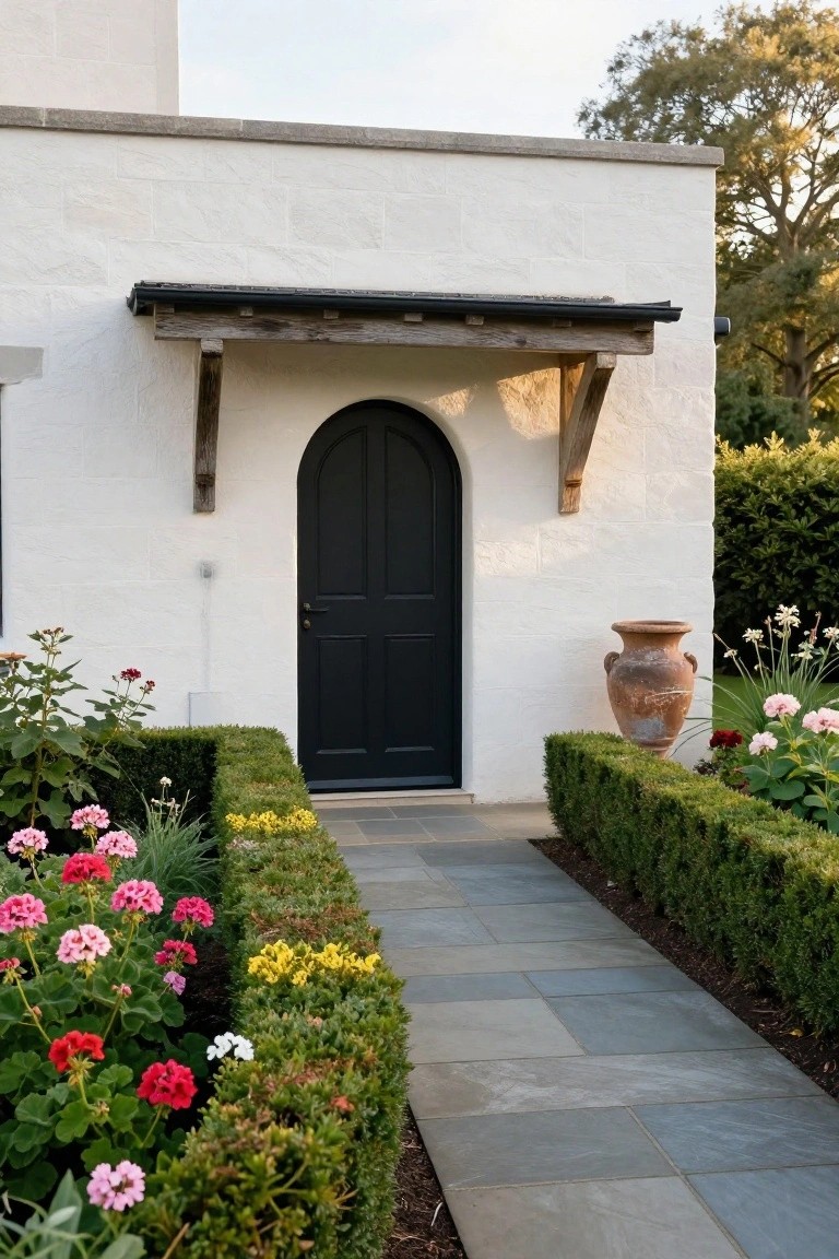 White stucco exterior wall with black arched door under wooden awning, stone pathway lined by boxwood hedges and colorful flowers including pink geraniums, yellow shrub, and terracotta pot nearby.