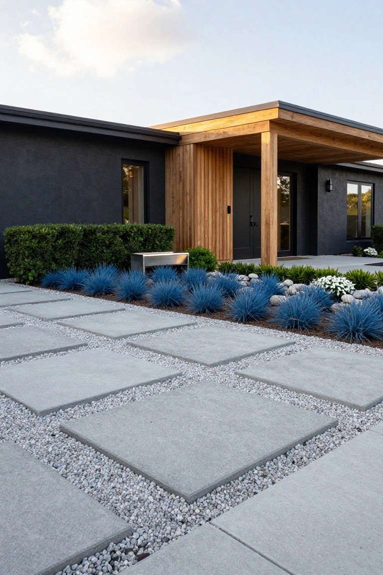 Modern black house exterior with wood entry canopy, stainless bench, and front gravel driveway of large concrete pavers edged by blue agave plants, boxwood shrubs, and white flowers.