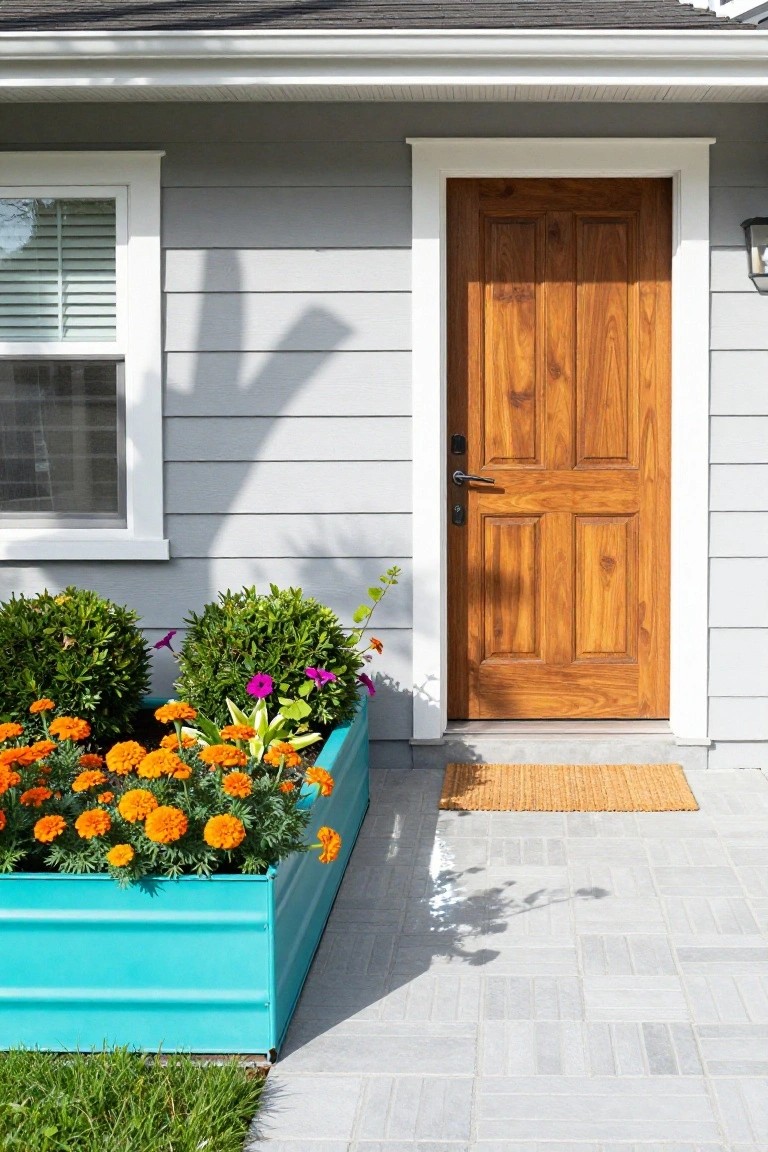 Gray house exterior featuring a wooden front door, flanked by a turquoise metal planter box filled with orange marigolds, green plants, and purple flowers, with a welcome mat on the paver landing.