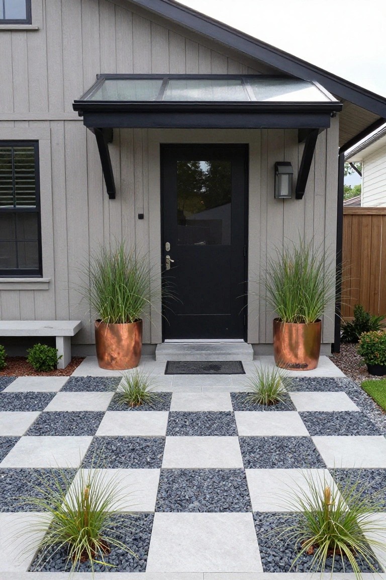 Gray modern house exterior featuring a black front door under a glass-covered entry canopy, flanked by large copper planters with tall grasses, a concrete bench, and a checkered landing area of white square pavers alternating with black gravel filled with smaller grasses.