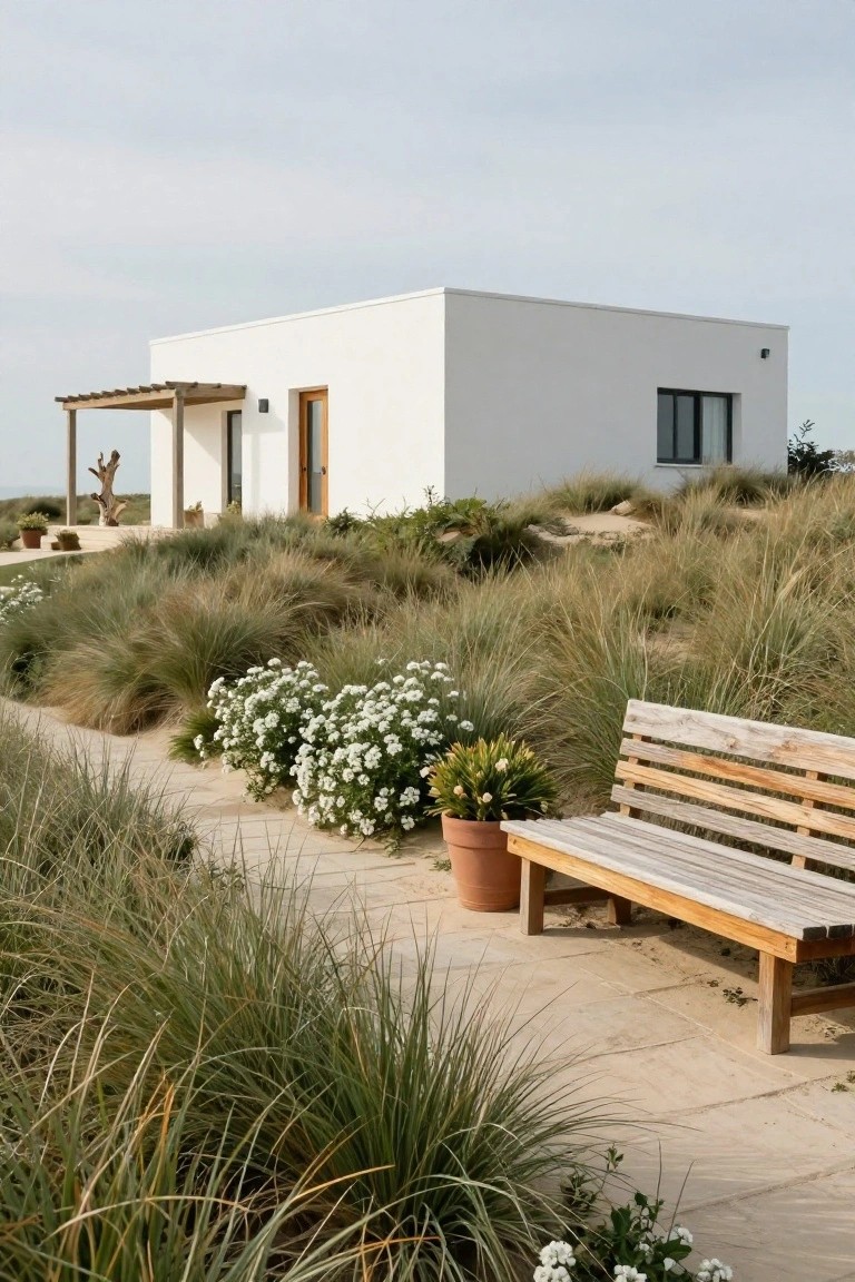 White modern box-shaped house with wooden pergola and door visible behind tall ornamental grasses and sand dunes, stone path lined with white flowers and grasses leading to a wooden bench next to a terracotta pot.