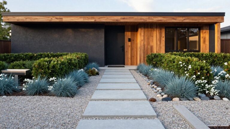 Modern black house exterior with wood entry canopy, stainless bench, and front gravel driveway of large concrete pavers edged by blue agave plants, boxwood shrubs, and white flowers.
