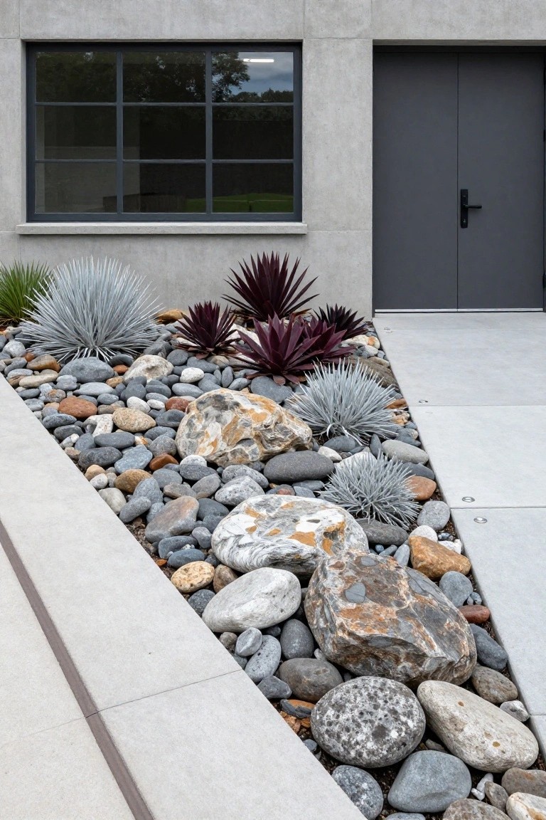 Modern gray concrete house exterior with black-framed window and double garage door, bordered by landscaping bed of assorted pebbles, large boulders, and clustered spiky succulents in grays, blues, and purples.