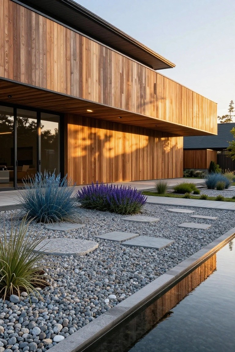 Modern house with vertical cedar cladding overlooking a gravel garden bed planted with blue agave, lavender shrubs, and grasses, featuring irregular gray concrete stepping stones and a narrow reflecting pool along the edge.