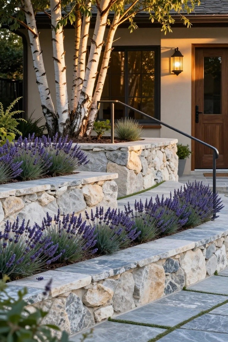 Front entry of a modern stucco house with terraced dry-stacked stone retaining walls planted densely with lavender, concrete steps with metal railing, birch trees nearby, and a wooden door lit by a lantern.