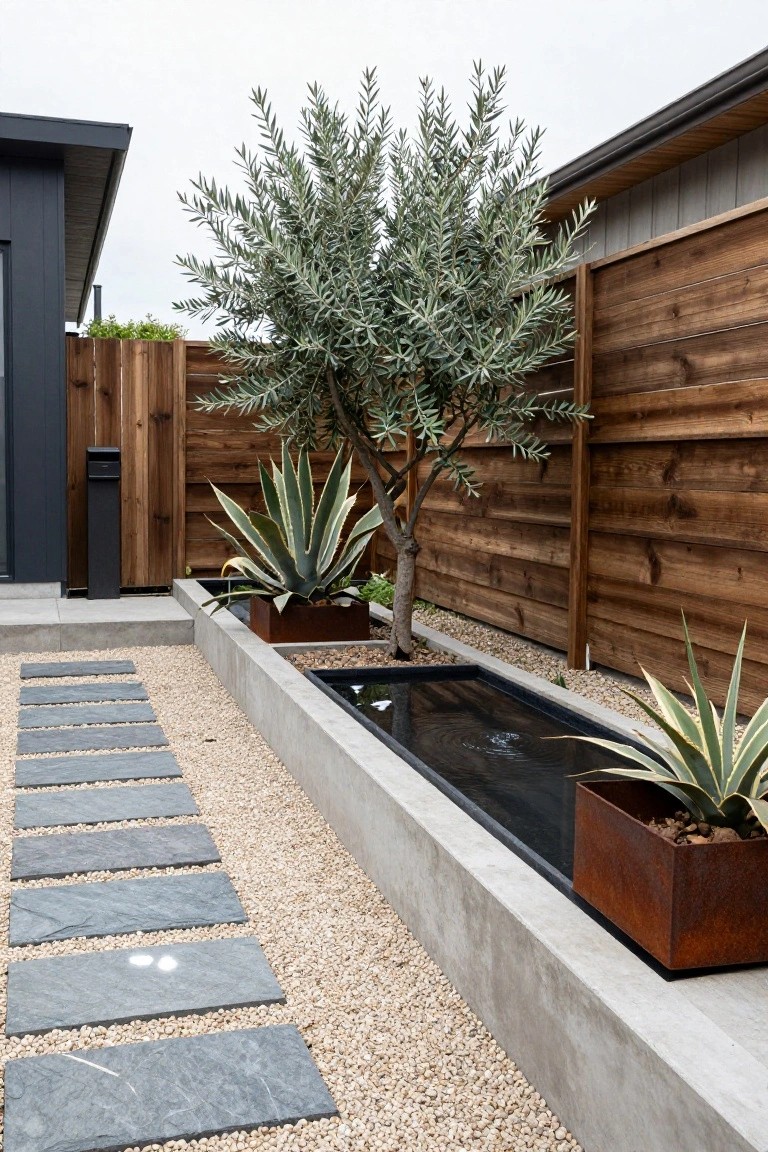 Modern yard with a narrow black-lined water feature and fountain next to a gravel path of irregular dark stone slabs, flanked by concrete edging, an olive tree, agave plants in rust planters, wooden fences, and a dark building wall.