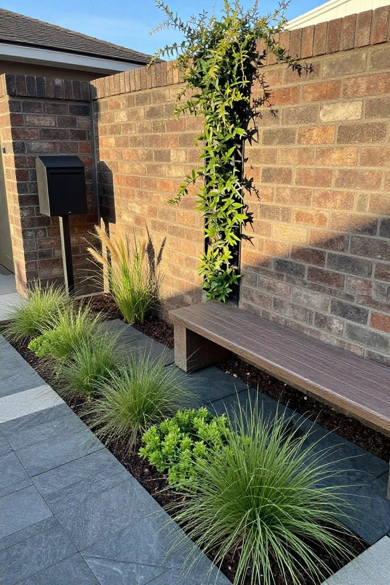 Narrow slate tile path bordered by mulch garden bed with tall ornamental grasses, low boxwood shrubs, wooden bench against ivy-covered brick wall, and metal mailbox post.