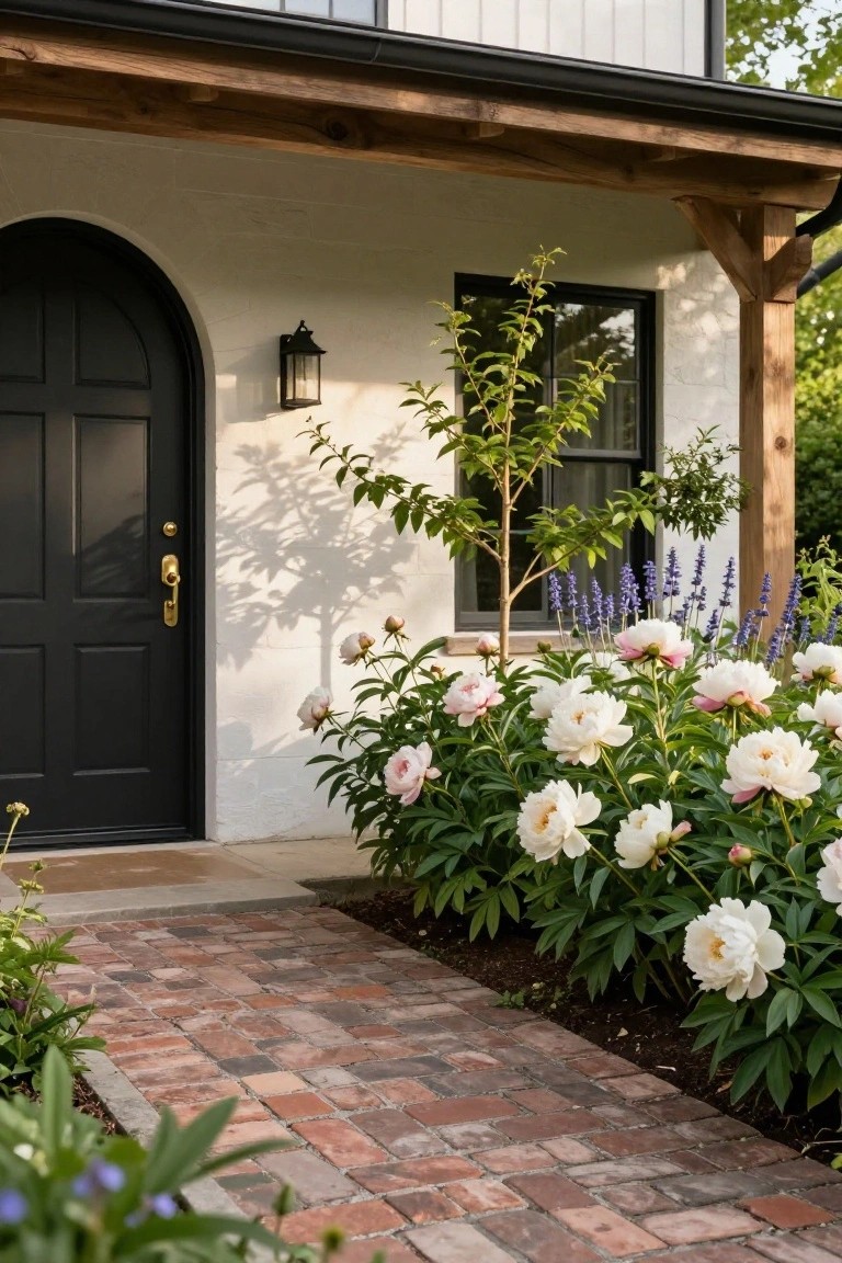 White stucco house facade with black arched front door under wooden porch beams, brick pathway lined with white peony bushes, lavender spikes, and a young tree beside a window.