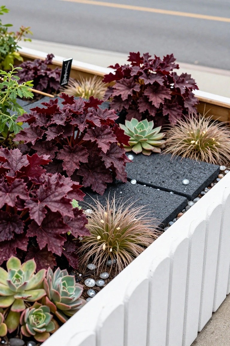 Raised white-picket-edged planter box along a sidewalk with burgundy-leafed plants, green succulents, tan ornamental grasses, black pebble mulch, and decorative white stones.