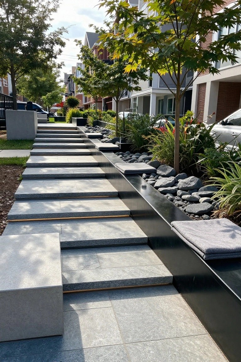 Long series of wide gray stone slab steps forming a pathway next to black retaining walls filled with rocks and plants, with integrated concrete benches and gray cushions, bordered by grass and trees in front of brick townhouses.