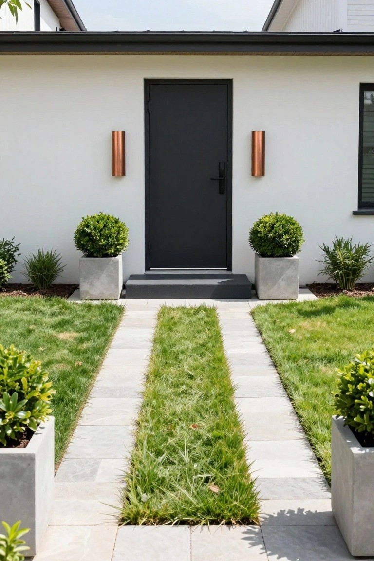 White modern house facade with black front door, copper wall sconces, concrete pots holding boxwood shrubs, flanked by grass lawn with central straight gray stone pathway.