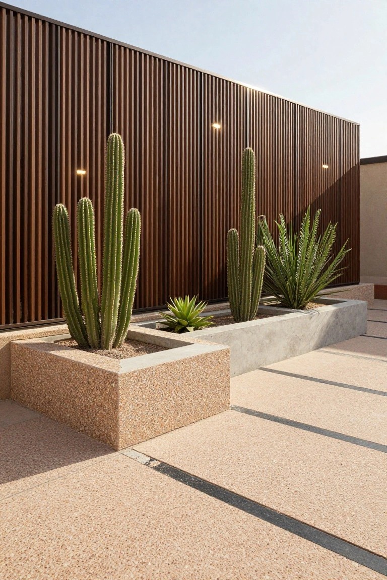 Corner outdoor landscaping with clusters of tall green cacti and smaller succulents in large beige and gray concrete planters against a tall brown vertical slat wooden wall on textured pinkish ground paving.