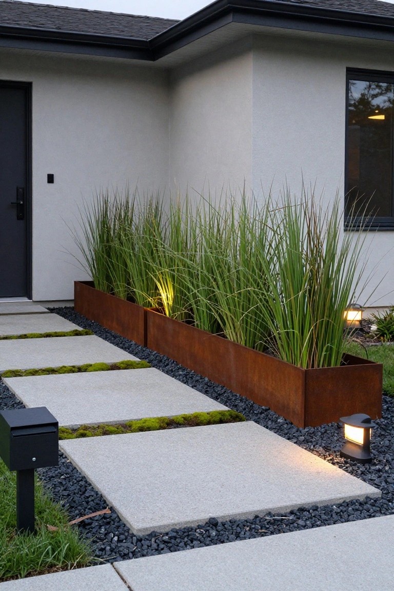 Modern house corner exterior with gray stucco walls, black front door, two long rusted metal planters filled with tall green ornamental grasses flanking a concrete stepping stone path with moss in joints and black gravel groundcover, plus path lights and a black mailbox.