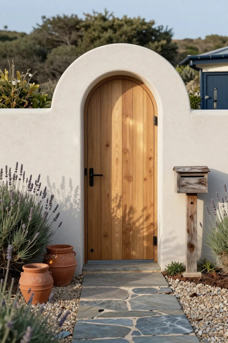 Arched golden wooden door set into a curved white stucco wall, with lavender plants, terracotta pots, a rustic mailbox on a post, and a stone pebble path leading up to it.