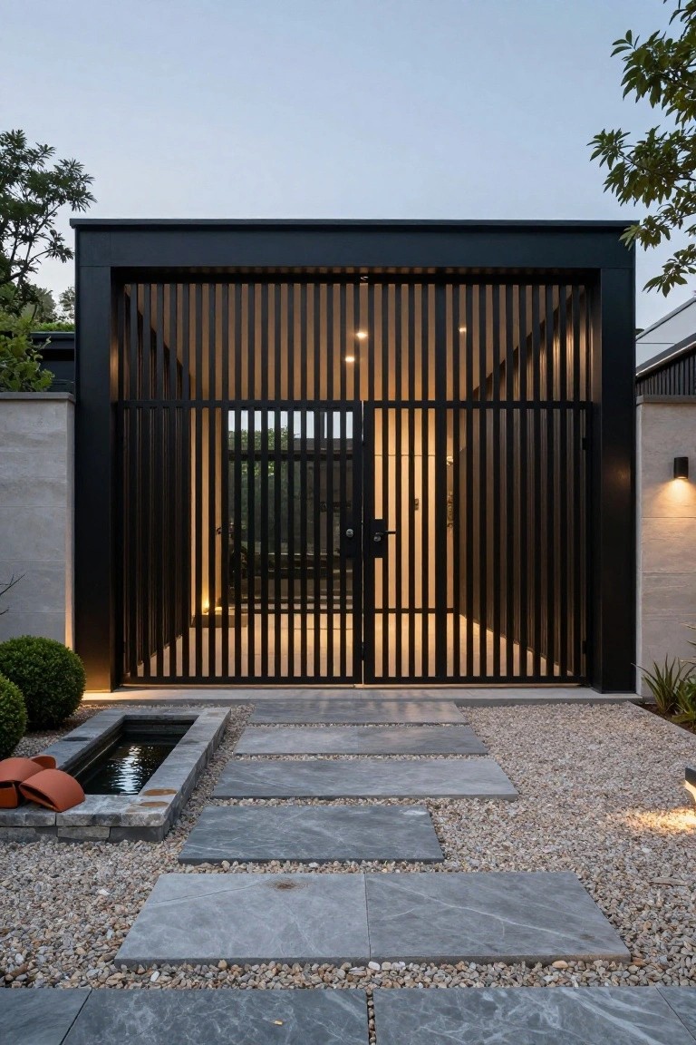 Black vertical slat metal gate in a dark framed structure at a modern house entrance, with gray stone pavers, gravel ground cover, boxwood shrubs, orange pots, and a small rectangular reflecting pool in the foreground at dusk.