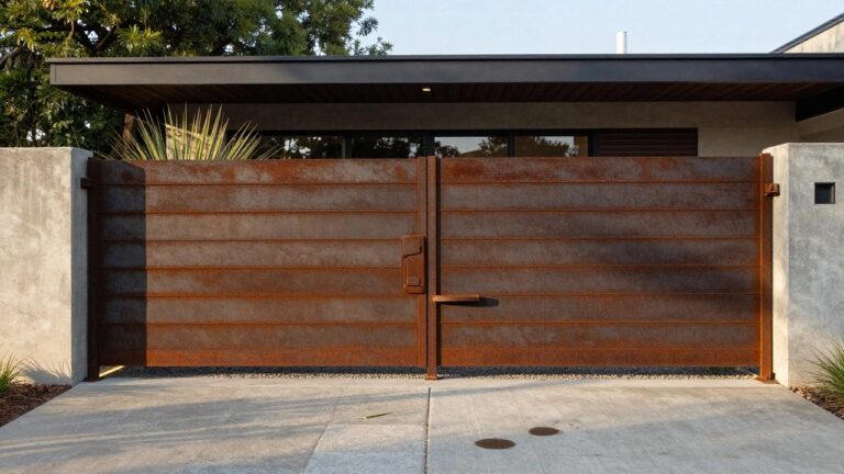 16 Modern House Exterior Gate Designs That Elevate Entryways Rusted corten steel gate with horizontal slats mounted between concrete pillars, fronting a modern house with wood siding and large glass windows, with agave plants and pebble ground cover nearby.
