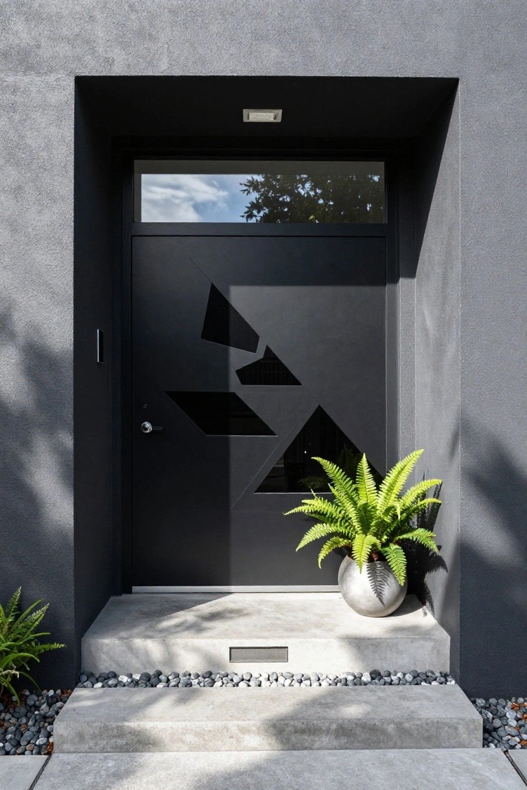 Black metal front door with geometric triangular cutouts on a gray stucco wall, featuring a small window above, a potted fern to the side, concrete steps with pebble edging, and plants at the base.