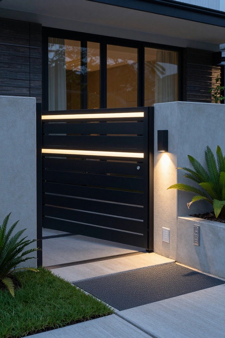 Black metal pedestrian gate with horizontal slats featuring integrated glowing LED strips, flanked by concrete walls, potted ferns, and wall-mounted lights, leading to a modern house entry at dusk.