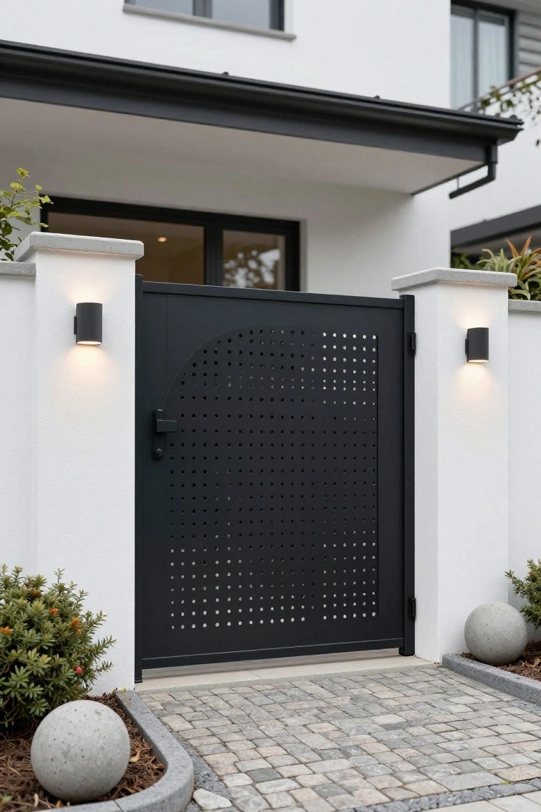 Black perforated metal pedestrian gate with circular holes between white pillars and walls, featuring cylindrical wall lights, in front of a modern white house with paved pathway and low landscaping.