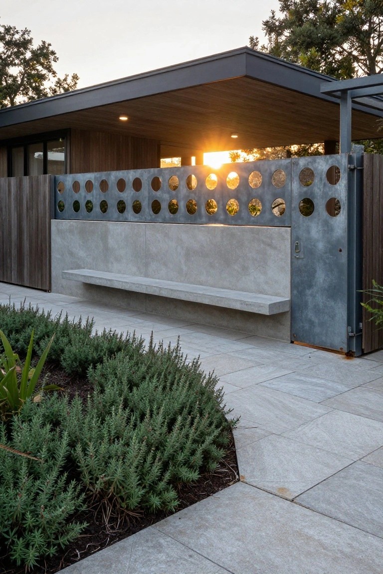 Exterior view of a modern house entry with a corten steel gate featuring multiple circular cutouts, a concrete bench on a raised base, wooden fence panels, potted plants, and tiled pathway at sunset.