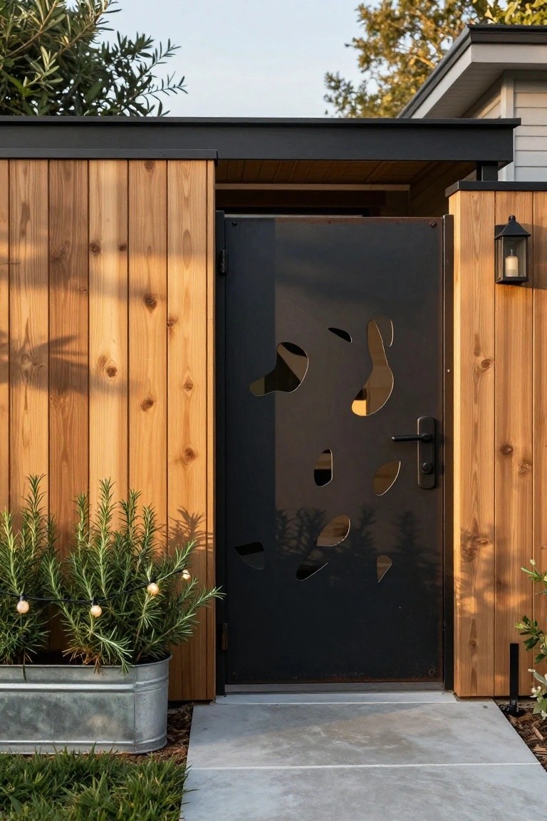 Black perforated metal pedestrian gate with abstract organic cutouts in vertical cedar wood fence, next to galvanized planter of rosemary plants and concrete pathway.