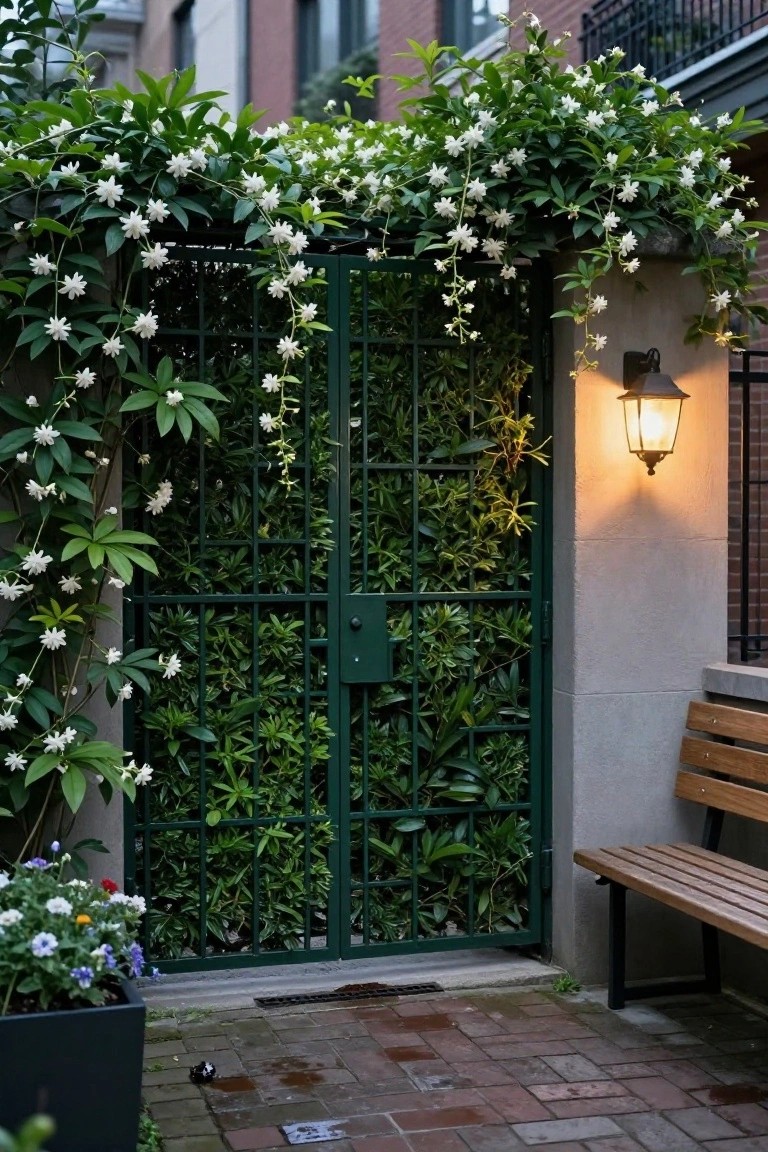 Green latticed metal gate covered in white-flowering climbing vines and dense green foliage, with a lit wall lantern, wooden bench, and potted flowers on a brick pathway next to a concrete wall.