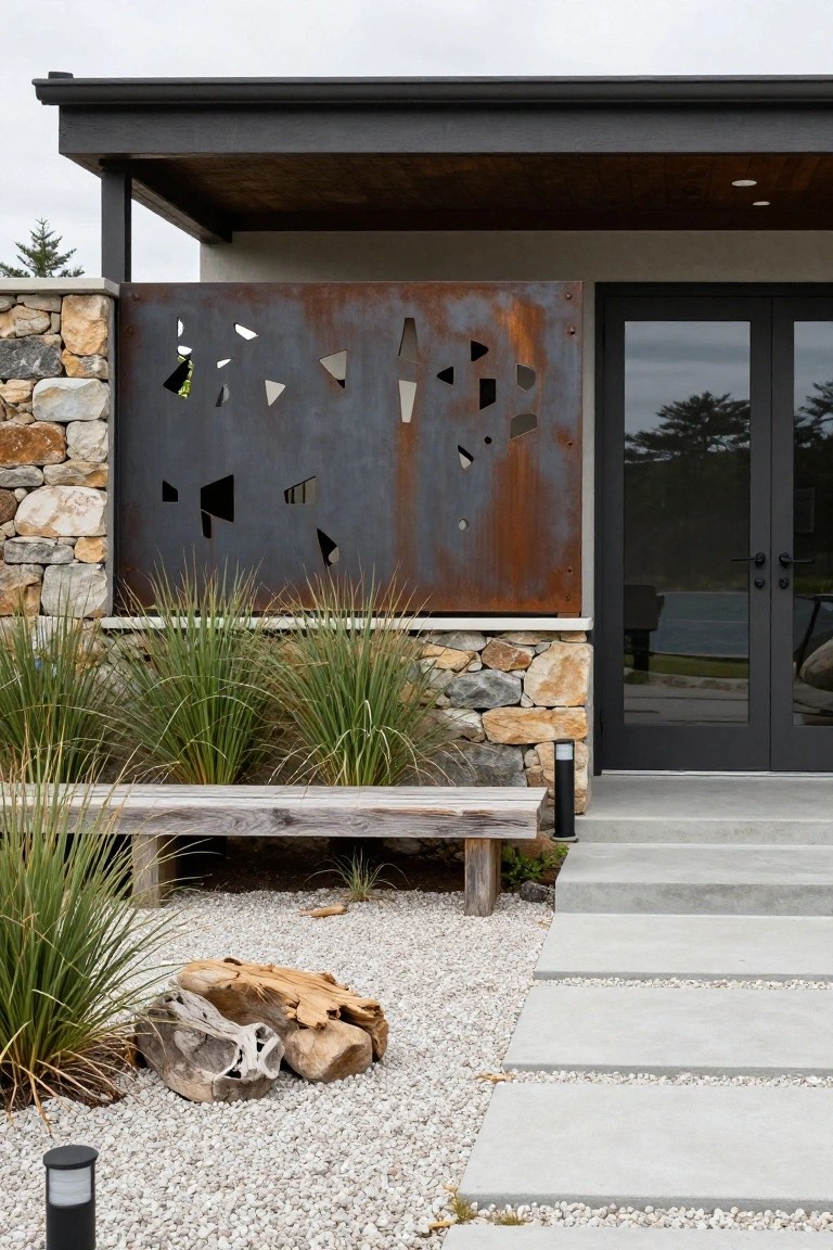 Modern house entryway with a tall rusted metal screen featuring geometric cutouts beside black-framed glass doors, flanked by stone walls, ornamental grasses, a wooden bench, large rocks, gravel ground cover, and concrete steps.