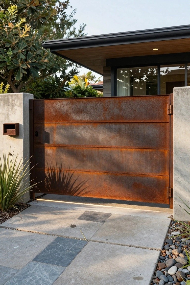 Rusted corten steel gate with horizontal slats mounted between concrete pillars, fronting a modern house with wood siding and large glass windows, with agave plants and pebble ground cover nearby.
