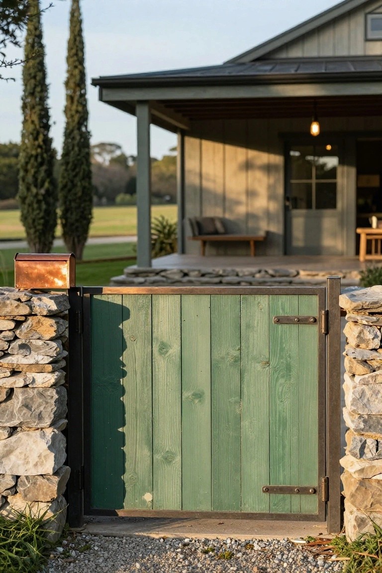 Green wooden pedestrian gate with black metal frame between stone walls, copper mailbox mounted on one wall, house porch and cypress trees visible behind.