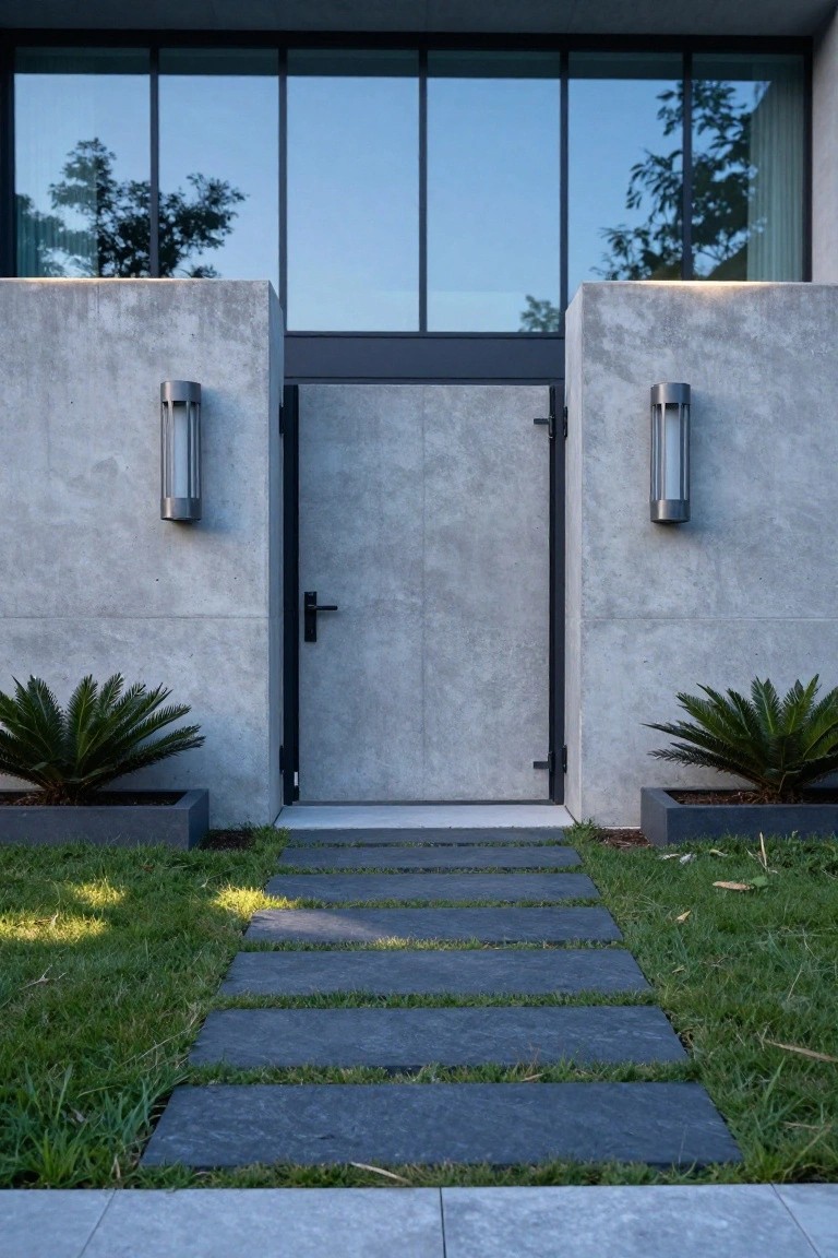Gray concrete gate with black metal frame set between matching concrete walls lit by silver wall sconces, flanked by ferns in black planters, with black stone stepping path through green lawn leading to the entrance.