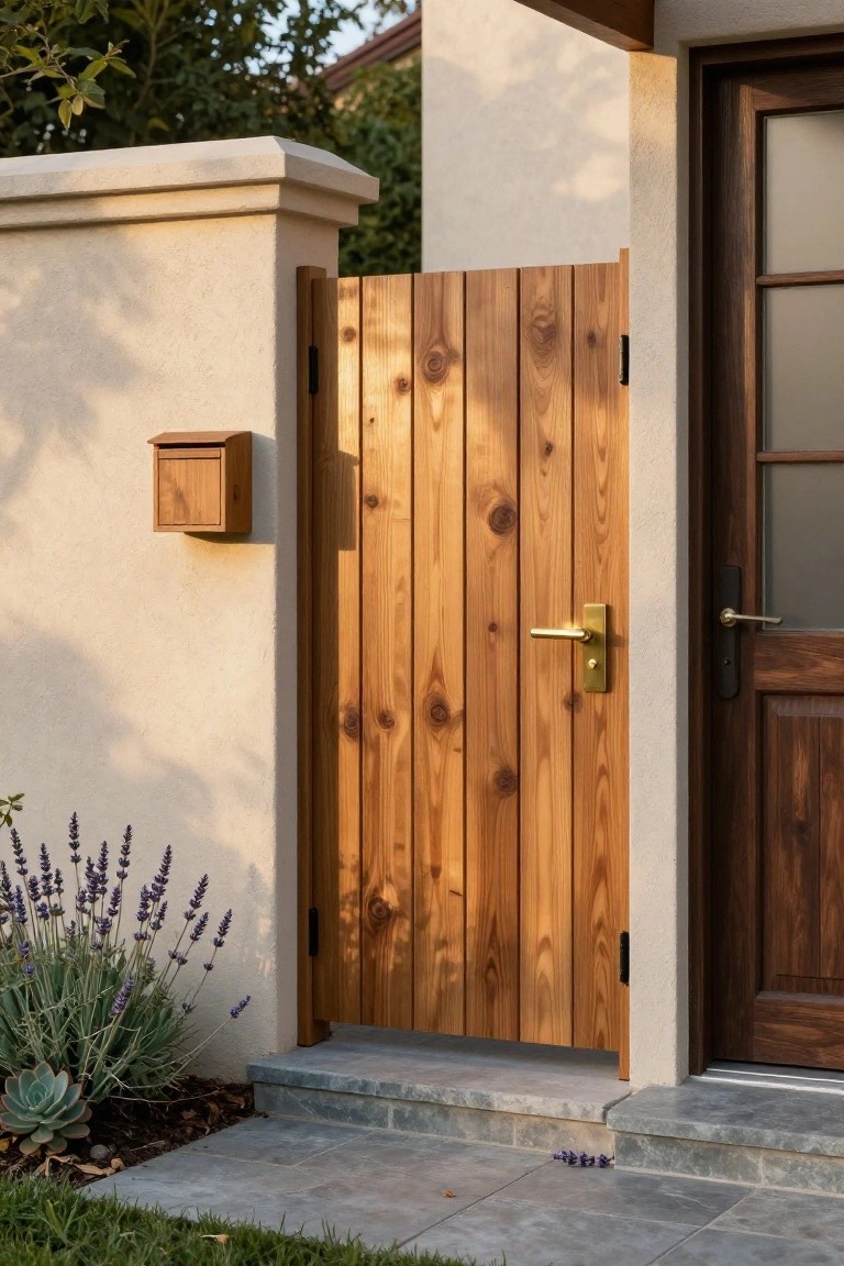 Wooden vertical slat gate with brass handle mounted on a beige stucco wall pillar next to a wooden front door, with a wooden mailbox above and lavender plants at the base.
