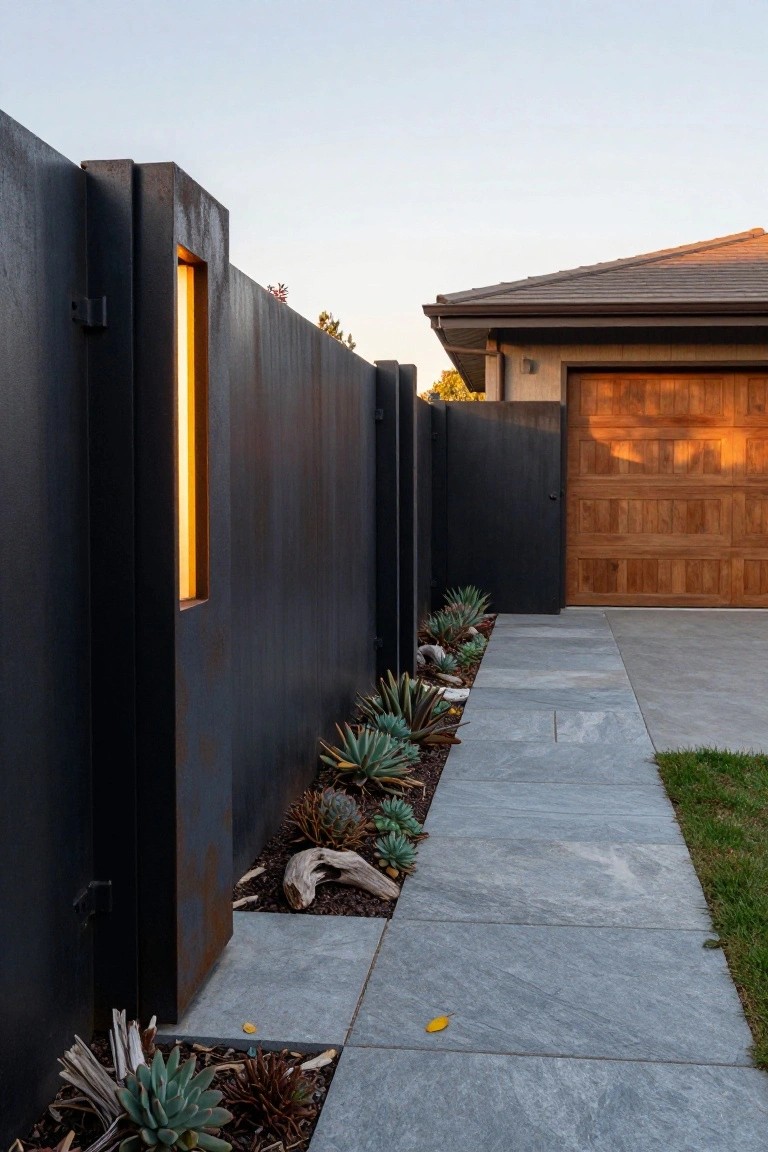 Black rusted metal fence with a narrow vertical illuminated slot, wooden garage door, concrete pathway edged with succulents and driftwood, and grass lawn.