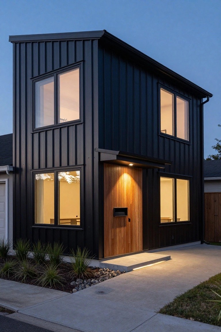 A narrow two-story modern house with black corrugated metal siding, large windows, a recessed wooden front door, subtle front landscaping with grasses and rocks, and a concrete pathway at dusk.