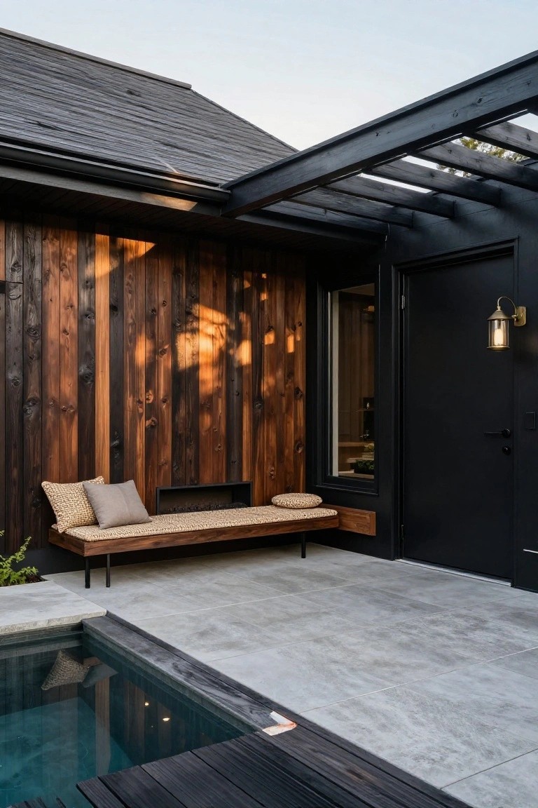 Modern house corner with dark vertical wood siding, black steel pergola overhead, built-in low wooden bench with rattan and beige cushions, black door and window, and small rectangular pool edged in concrete pavers.